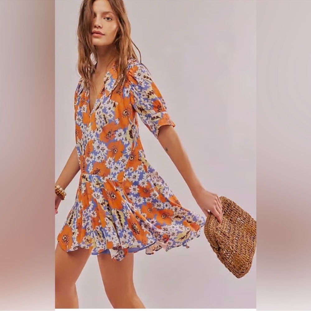 Free People Sugar Crush Babydoll Mini Dress - Cobalt Combo Size Large